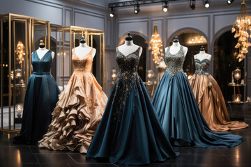 Naklejka premium Elegant luxurious dresses on mannequins in a store
