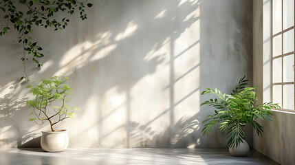creative frame simple design background - plain wall, light shadows and tropical plants.