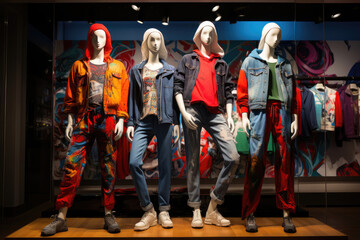 Teenage mannequins in casual clothes in a shopping mall