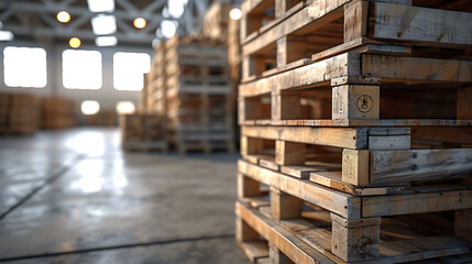 Obraz premium Stacks of pallets in a clean warehouse environment.