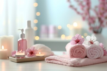 Fototapeta na wymiar Beauty treatments concept Home beauty essentials and home self care concept