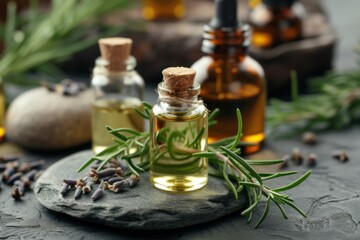Natural essential aroma oil with rosemary on stone table background
