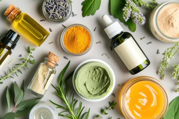 Fotobehang Natural herbal skincare products ingredients from top view © Olga