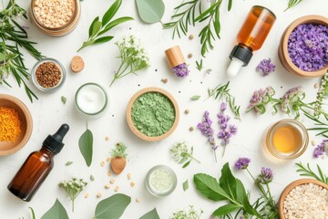 Natural herbal skincare products ingredients from top view