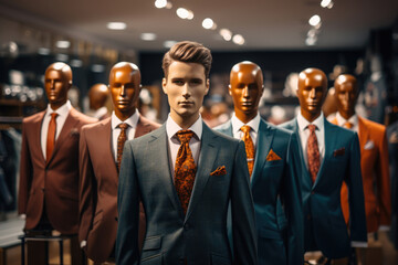 men's suits on mannequins in a shopping center