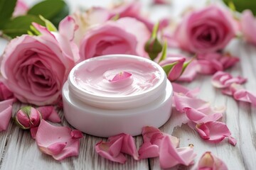 Obraz na płótnie Canvas Plant based cosmetic skin care products with rose rose petals