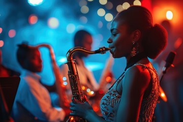 Portrait of Jazz Band playing on Stage African woman song on a blurred background minimalism copy space