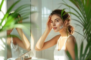 A beautiful young woman uses a moisturizing antiaging facial serum in the bathroom Body skin care and cosmetic application concept - obrazy, fototapety, plakaty
