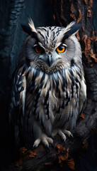 Owl close up on a gray background