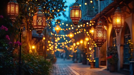 Fototapeta na wymiar Decorative lanterns on table light background Ramadan or Eid al-Fitr evening wishes background with large copy space