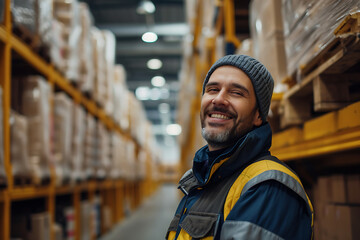 Fototapeta na wymiar a worker in the warehouse is smiling, portrait. Warehouse shelves on background. Cinematic look portrait , yellow elements