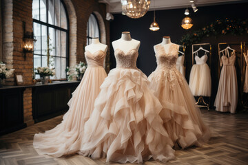 wedding dresses in bridal salon on mannequins