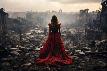 Woman in a lush evening dress on the ruins of a war-torn city