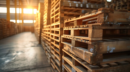 Obraz na płótnie Canvas Stacks of pallets in a clean warehouse environment.