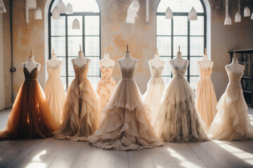 Luxury wedding dresses in bridal salon