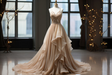 Luxury steel wedding dress in a bridal salon