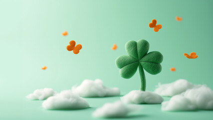 St Patrick's day traditional background. Clover leaf surrounded by colorful cotton clouds.