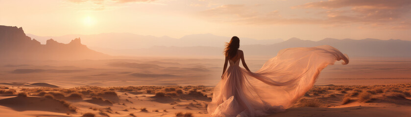 Fototapeta na wymiar Woman in a chic dress in the desert. Horizontal banner