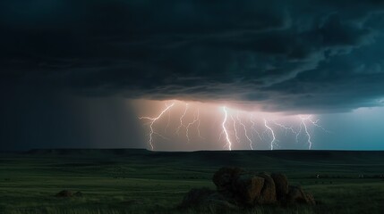 Great lightning at night, over the prairie