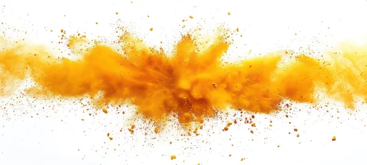 Fotobehang Abstract powder splatted background,Freeze motion of yellow powder exploding, throwing orange dust on white background. © Ibad