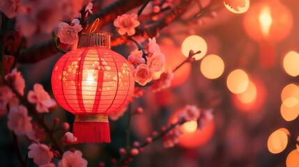 Fototapeta premium Multiple hanging red paper lantern as decoration for Chinese New Year celebration with soft and blurry pink flower tree as the foreground