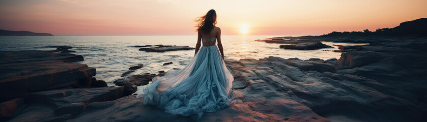 Fototapeta na wymiar Young woman in a beautiful dress on the beach. Horizontal banner