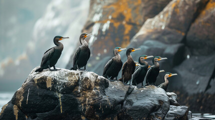 Cape cormorants sitting on rock - obrazy, fototapety, plakaty