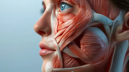 Poster Young woman with half of face with muscles structure under skin. Model for medical training. Close up portrait of face human anantomy. © Ibad