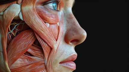 Young woman with half of face with muscles structure under skin. Model for medical training. Close up portrait of face human anantomy. - obrazy, fototapety, plakaty