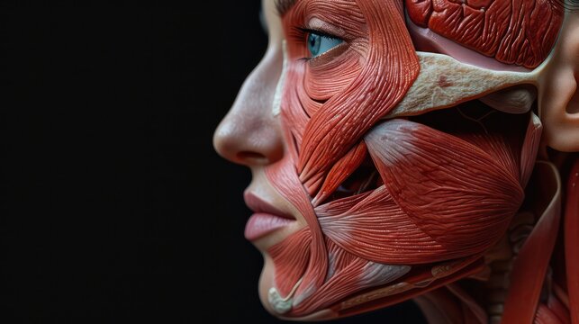 Young woman with half of face with muscles structure under skin. Model for medical training. Close up portrait of face human anantomy.