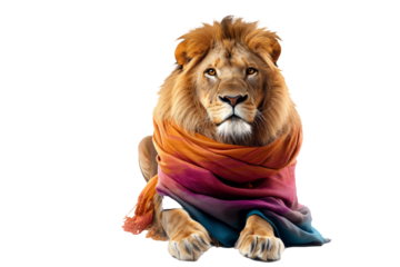 a lion wearing a colorful scarf, embodying a bold and colorful fashion look.