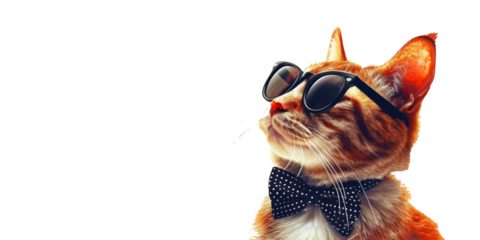 stylish cat wearing sunglasses and bow tie exuding confidence and flair on white background.