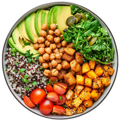 on top of a Buddha bowl, showcasing a nutritious assortment of quinoa, roasted vegetables, avocado and a dash of tahini for a healthy vegetarian food concept.