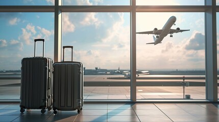 Two suitcases by the panoramic window in the waiting room against the backdrop of a plane taking off. Generated AI