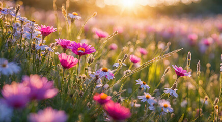 Obraz premium Peaceful meadow with Colorful wildflowers and a radiant sunset in the background