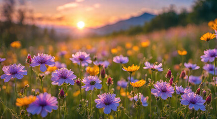 Peaceful meadow with Colorful wildflowers and a radiant sunset in the background