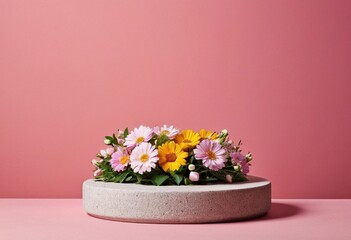 Grey stone podium with flowers on a pink background