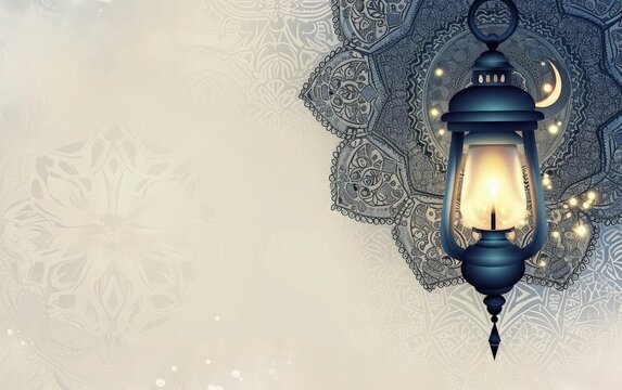 islamic eid festival greeting background, ramadan lamp and moon with mandala background