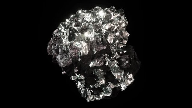 Realistic abstract looping 3D animation of the spinning piece of ore or rock with shining precious pure platinum or silver inclusions rendered in UHD with alpha matte