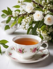 Obraz na płótnie Canvas a cup of tea on a white background with flowers