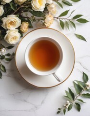 a cup of tea on a white background with flowers