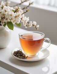 Obraz na płótnie Canvas a cup of tea on a white background with flowers