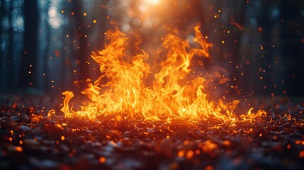 Intense flames engulfing the forest ground, creating a dramatic and dynamic scene of natural fire, with sparks and embers flying through the air. - obrazy, fototapety, plakaty