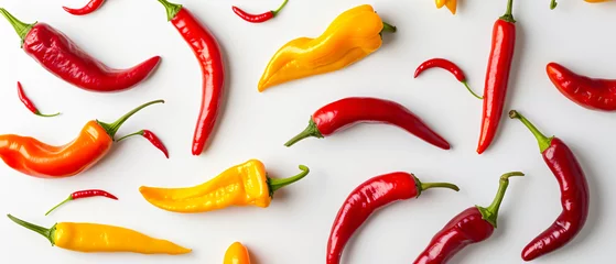 Foto op Canvas Different hot chili peppers on white background © Merab