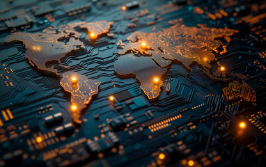 World map on circuit board. Digital Earth. Data Exchange.