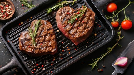 two grilled beef steaks in the form of a heart with spices for Valentine's day on a stone background with copy space for your text. dinner concept for two for Valentine's Day celebration