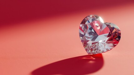 Heart cut diamond on glossy white background, with slight reflection, shadow. Close-up front view