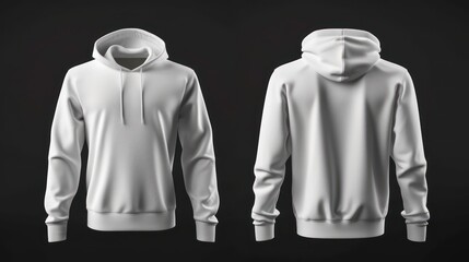 Front and back views of white hoodie on black background - 3D illustration - hoodie mockup