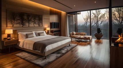 Modern Bedroom Oasis	A luxurious modern bedroom with floor-to-ceiling windows overlooking a serene outdoor landscape, featuring a plush bed and minimalist decor.