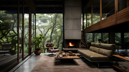 Fototapeta premium Cozy Cabin Retreat A cozy cabin interior with a warm fireplace, rustic furnishings, and a large window framing a serene forest view outside.